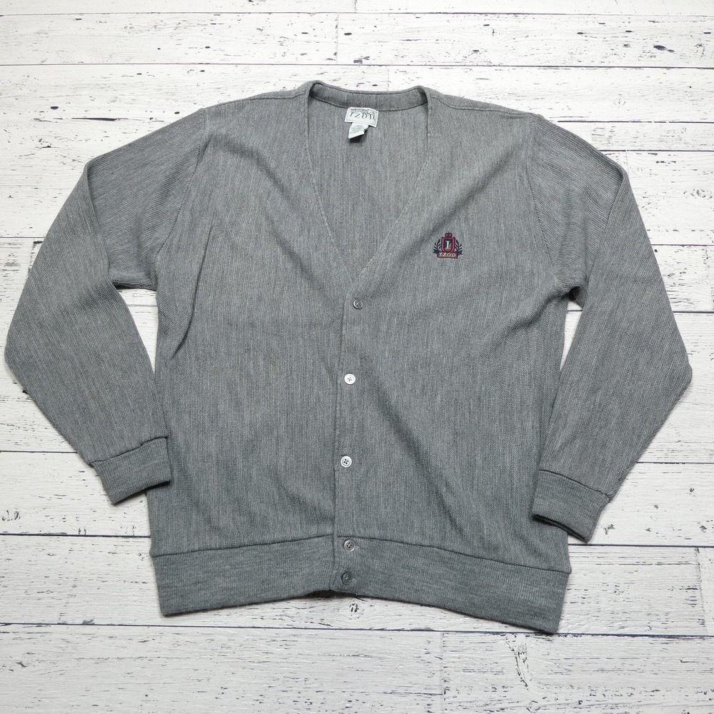 VINTAGE Izod Sweater Mens Large‎ Gray Button Up Crest Logo Acrylic Cardigan